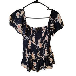 ASH & VIOLET Medium Womens Top Black Floral Smocked Short Sleeve Shirt